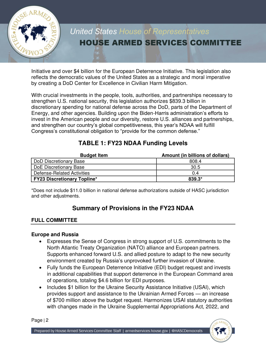 NDAA 2023 众议院 摘要.pdf_第2页