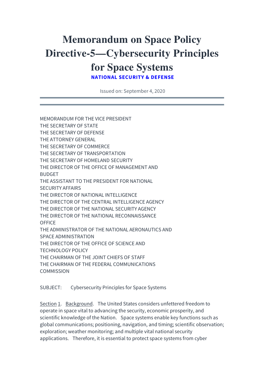 五号太空政策令：太空系统网络安全原则 Memorandum on Space Policy Directive 5_第1页