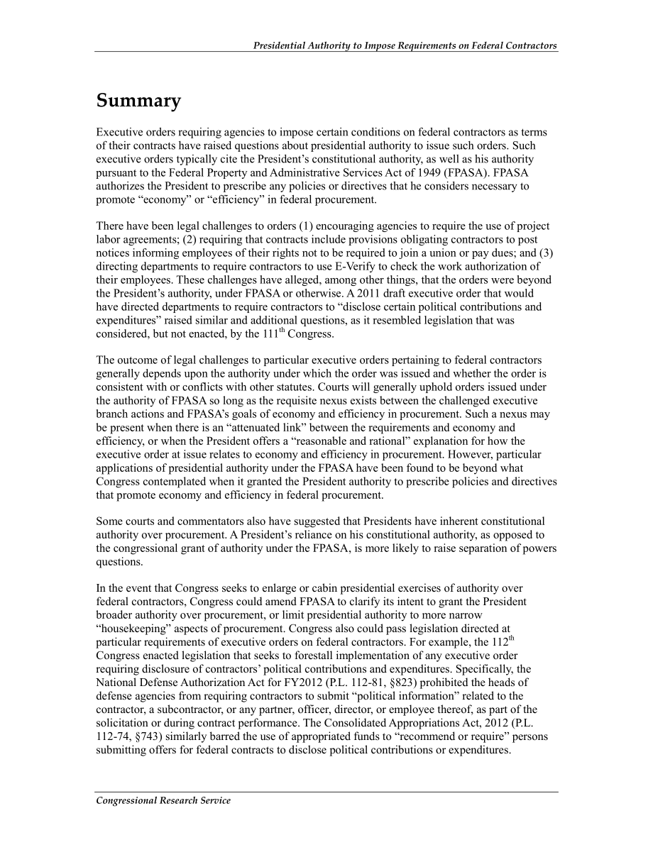 [20120718]R41866_总统授权对联邦承包商施加要求.pdf_第2页