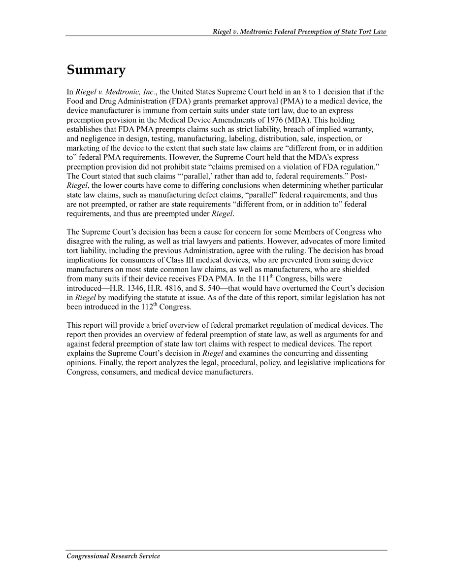 [20120113]R40534_Riegel v.MedtronicInc.：联邦优先购买FDA上市前批准的医疗器械州侵权法.pdf_第2页