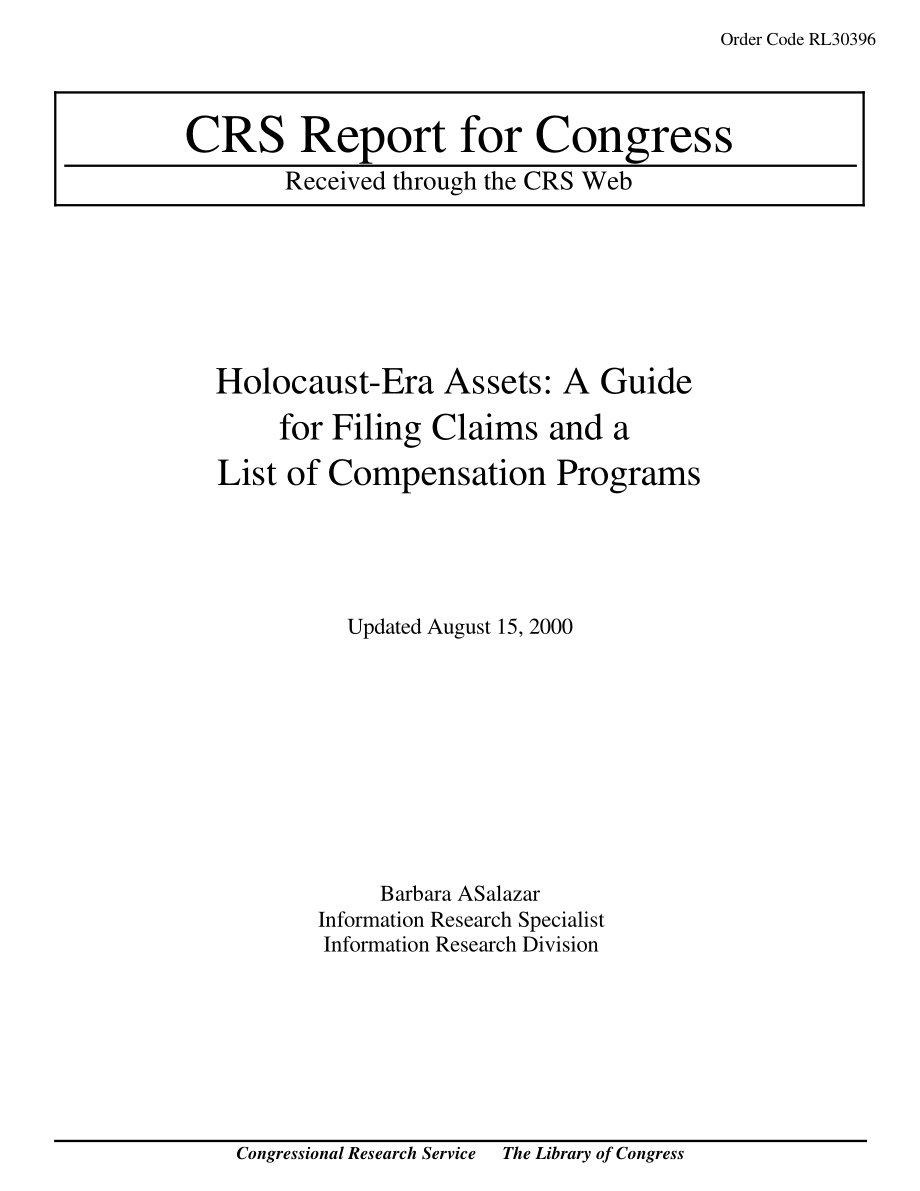 [20000815]RL30396_大屠杀时期资产：索赔申请指南和赔偿计划清单.pdf_第1页