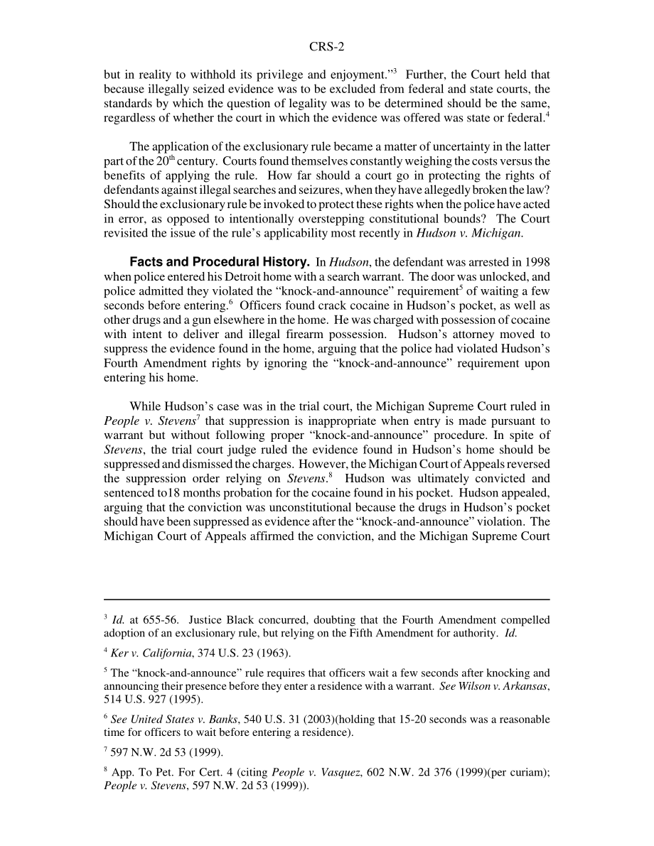 [20060714]RS22475_哈德逊诉密歇根州：排除规则对“敲打并宣布”违法行为的适用性.pdf_第2页