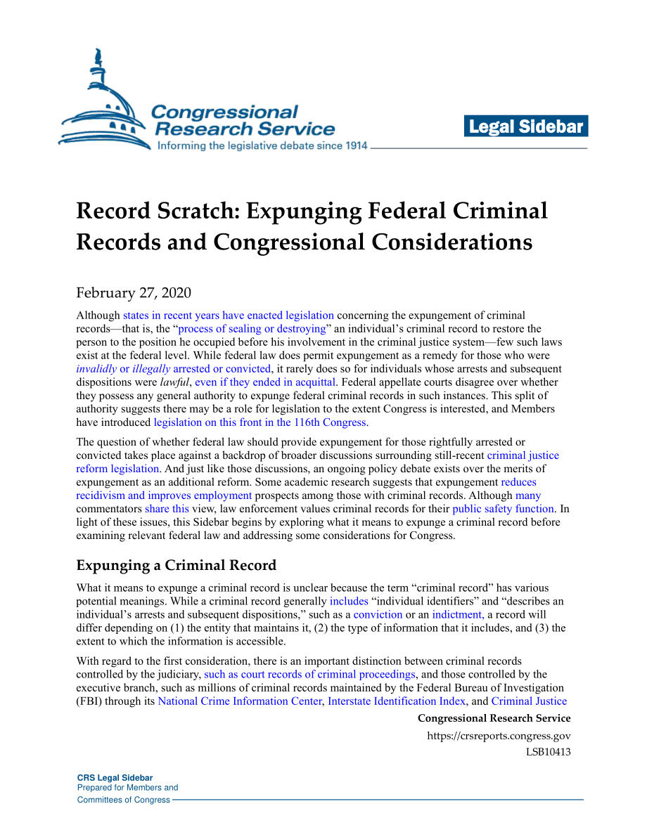 [20200227]LSB10413_记录刮痕：删除联邦犯罪记录和国会考虑.pdf_第1页