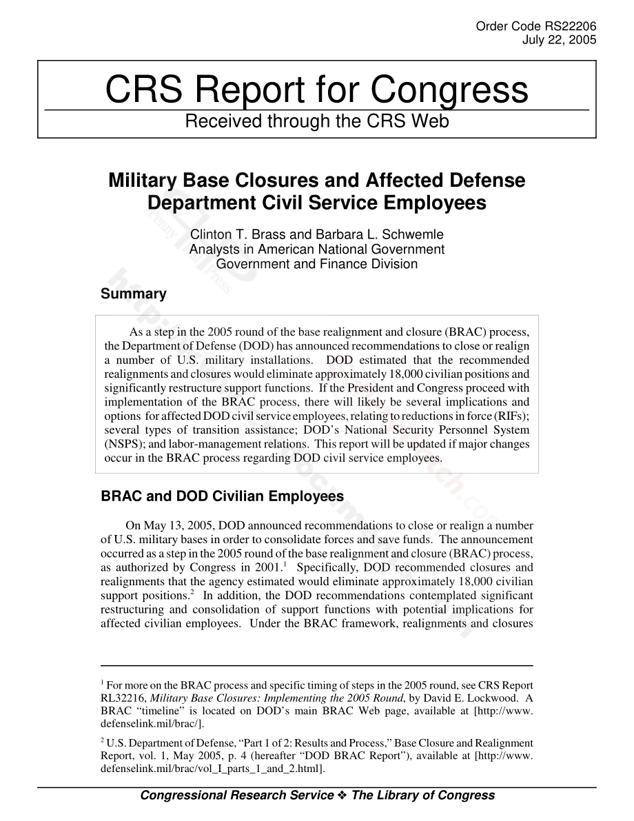 [20050722]RS22206_军事基地关闭和受影响的国防部公务员.pdf_第1页