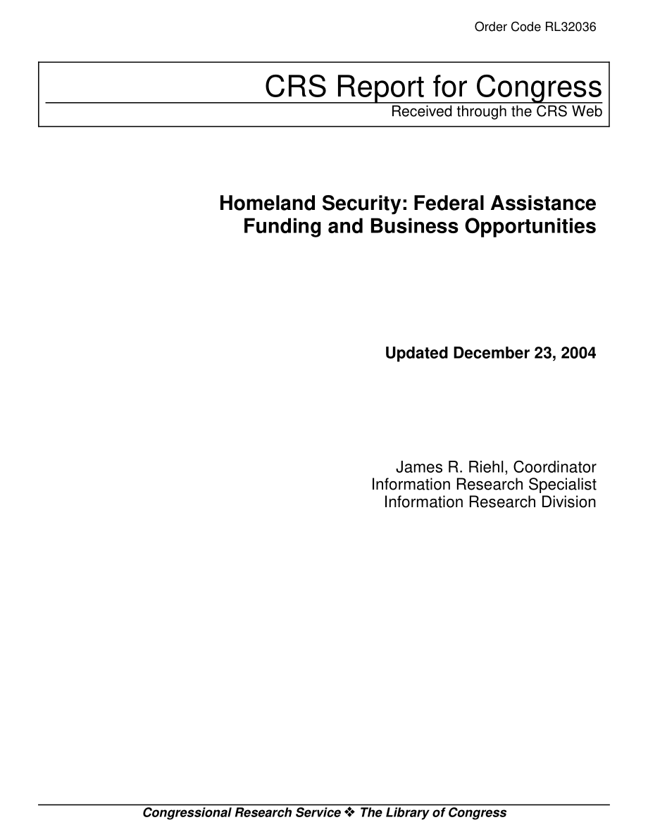[20041223]RL32036_国土安全部：联邦援助资金和商业机会.pdf_第1页