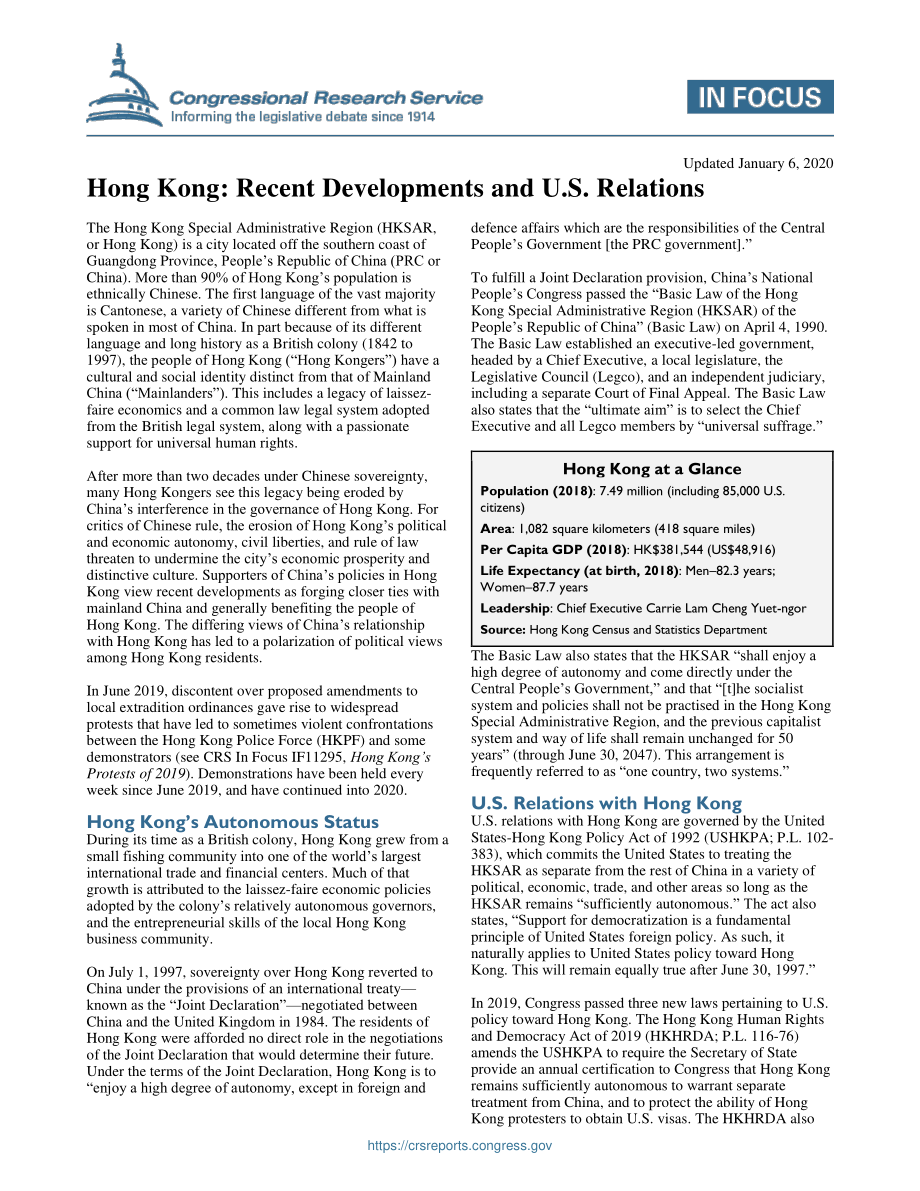 [20200106]IF10956_香港：近期事态发展与美国关系.pdf_第1页