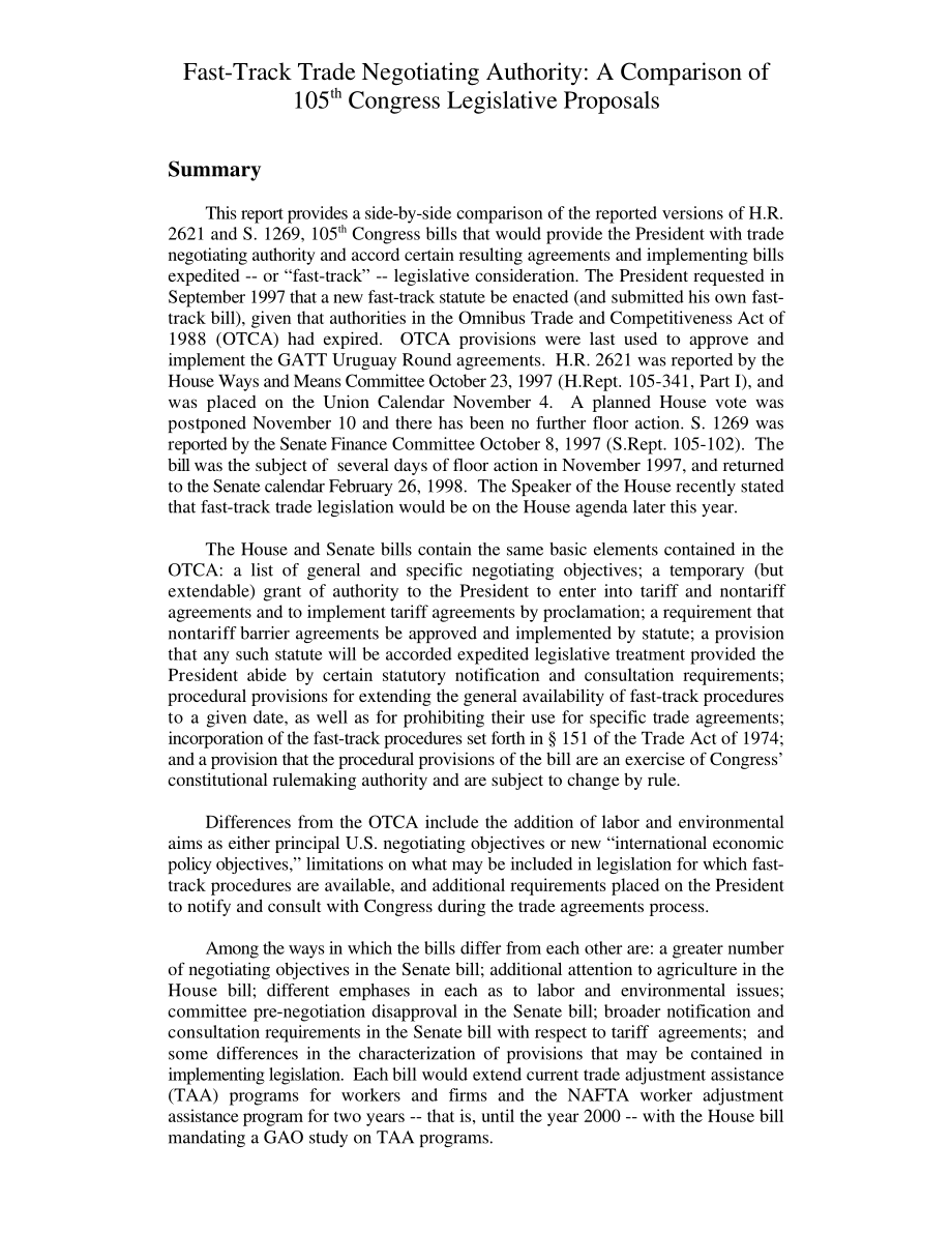 [19980702]97-957A_快速贸易谈判授权：第105届国会立法提案比较.pdf_第2页