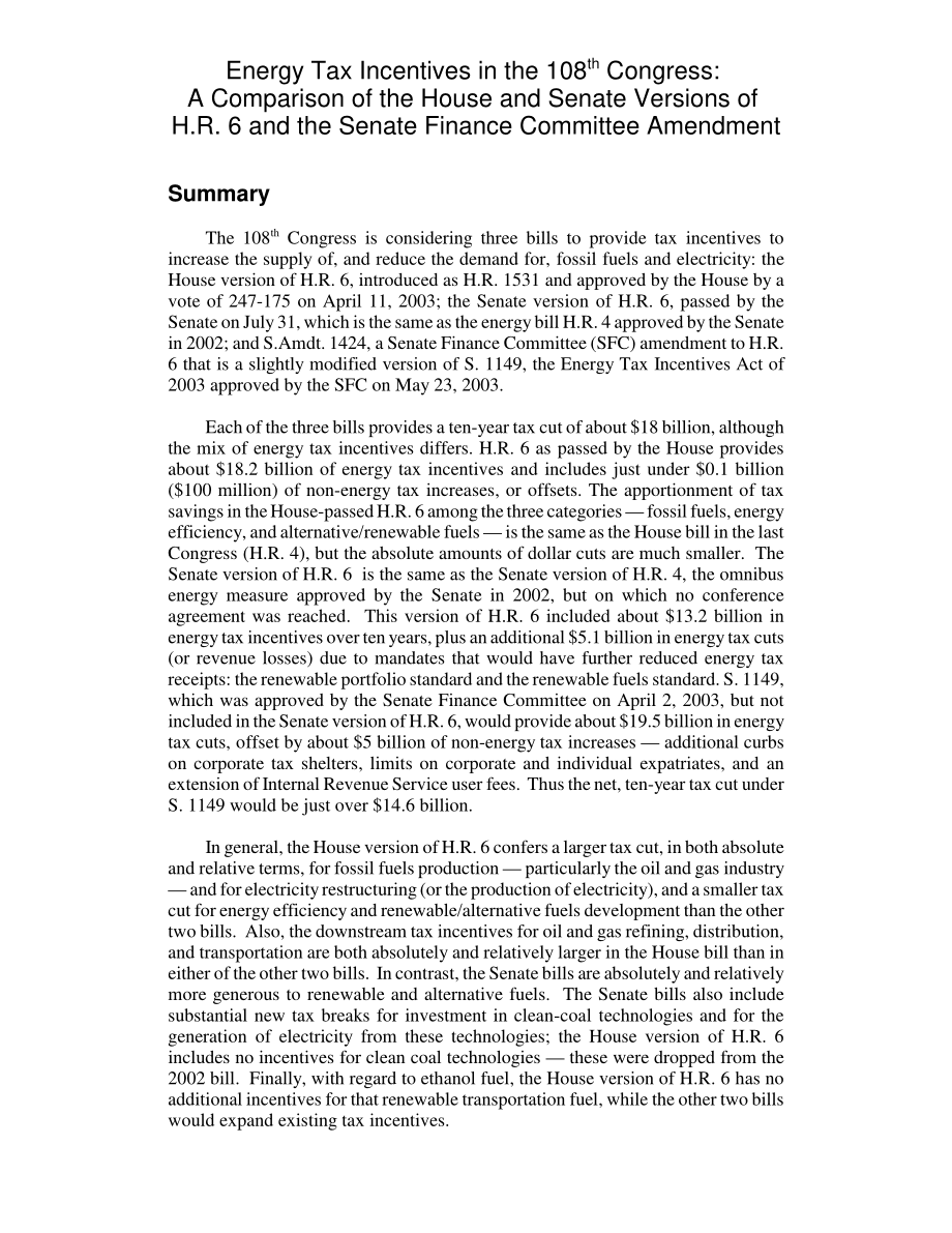 [20030819]RL32042_第108届国会的能源税收优惠：比较众议院和参议院版本的H.R.6和参议院财政委员会修正案.pdf_第2页