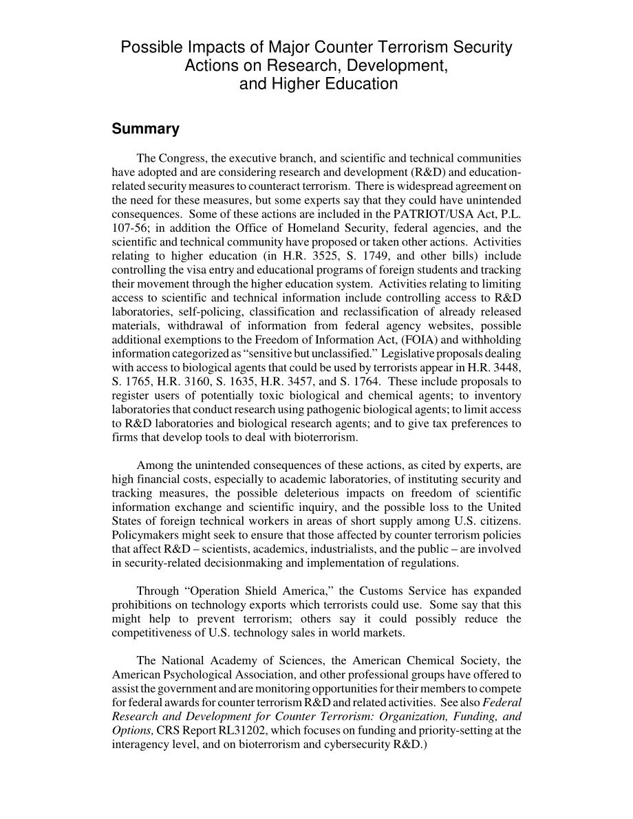 [20020408]RL31354_重大反恐安全行动对研究、开发和高等教育的可能影响.pdf_第2页