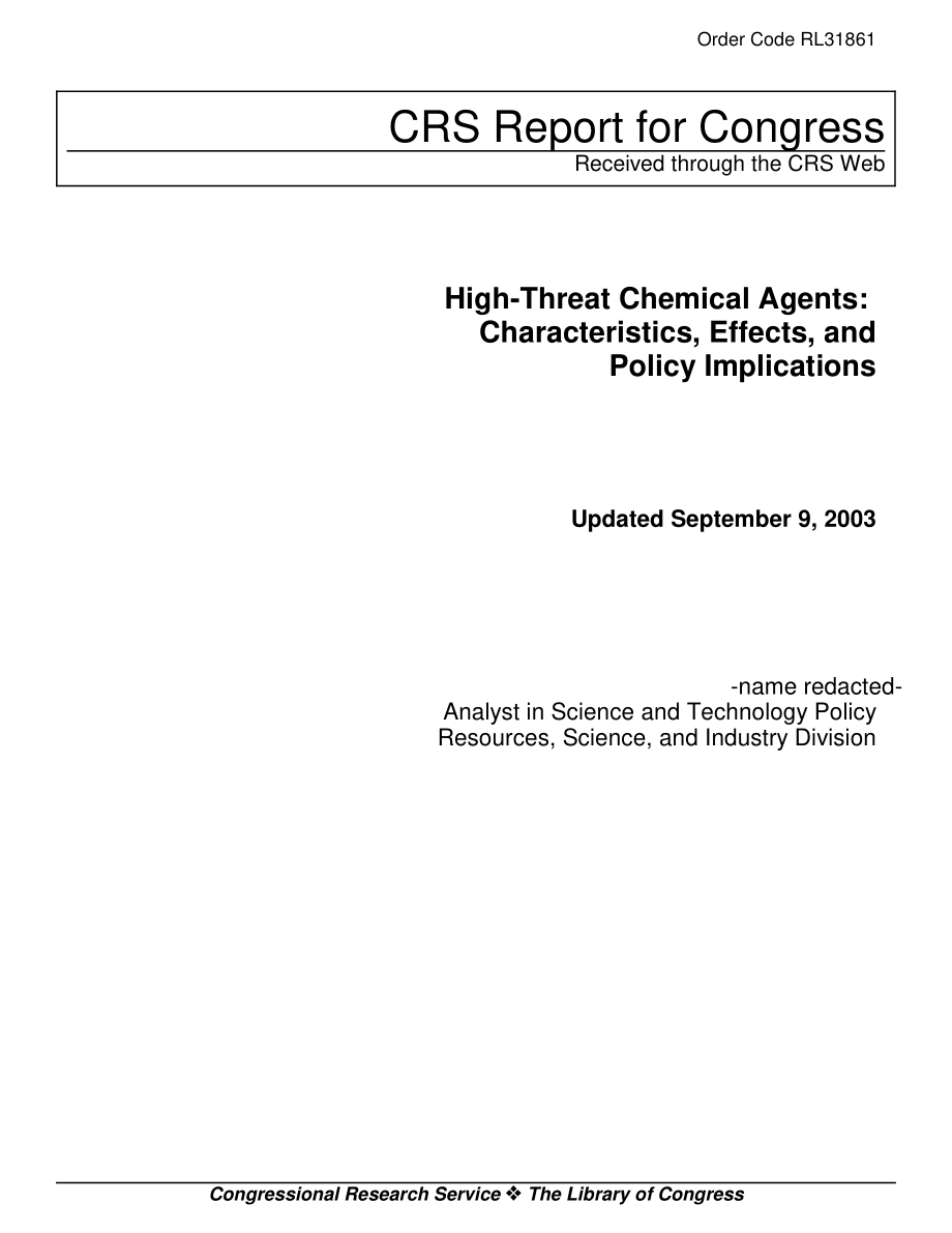 [20030909]RL31861_高威胁化学试剂：特点、影响和政策含义.pdf_第1页