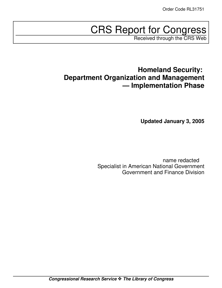 [20050103]RL31751_国土安全部：部门组织与管理——实施阶段.pdf_第1页