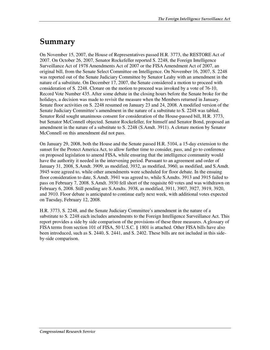 [20080208]RL34277_《外国情报监视法》：通过H.R.的房屋比较参议院情报特别委员会报告的第3773条、第2248条和参议院司法委员会报告的第2248条.pdf_第2页