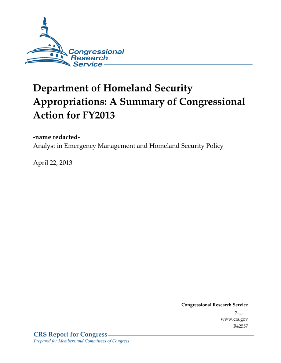 [20130422]R42557_国土安全部拨款：2013财年国会行动摘要.pdf_第1页