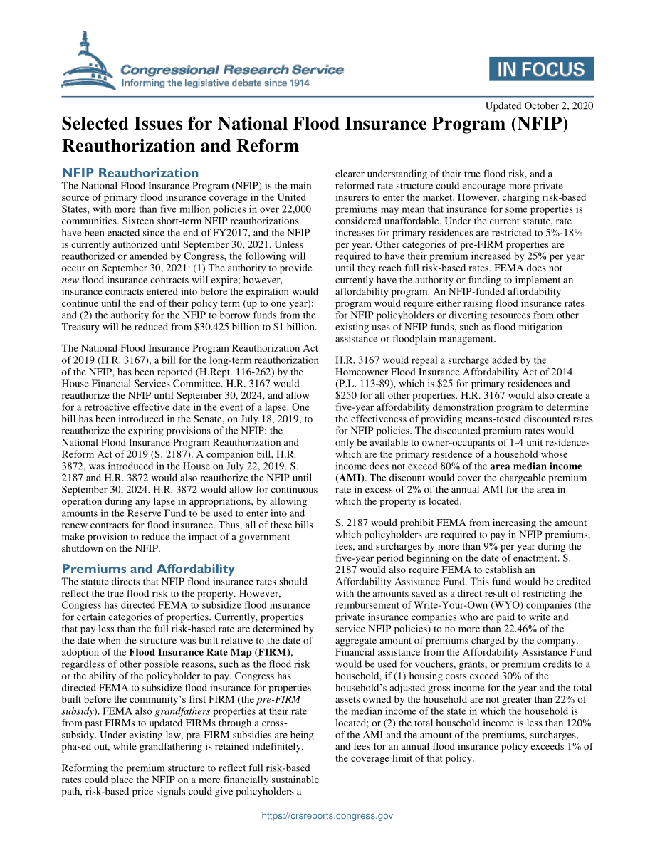 [20201002]IF11023_国家洪水保险计划（NFIP）重新授权和改革的选定问题 .pdf_第1页
