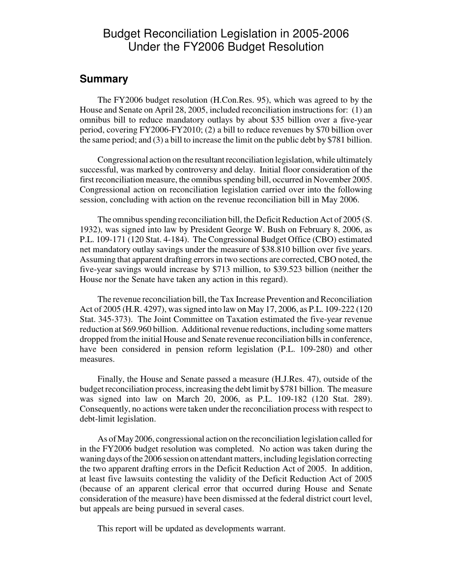 [20070817]RL33132_2006财年预算决议下的2005-2006年预算调节立法.pdf_第2页
