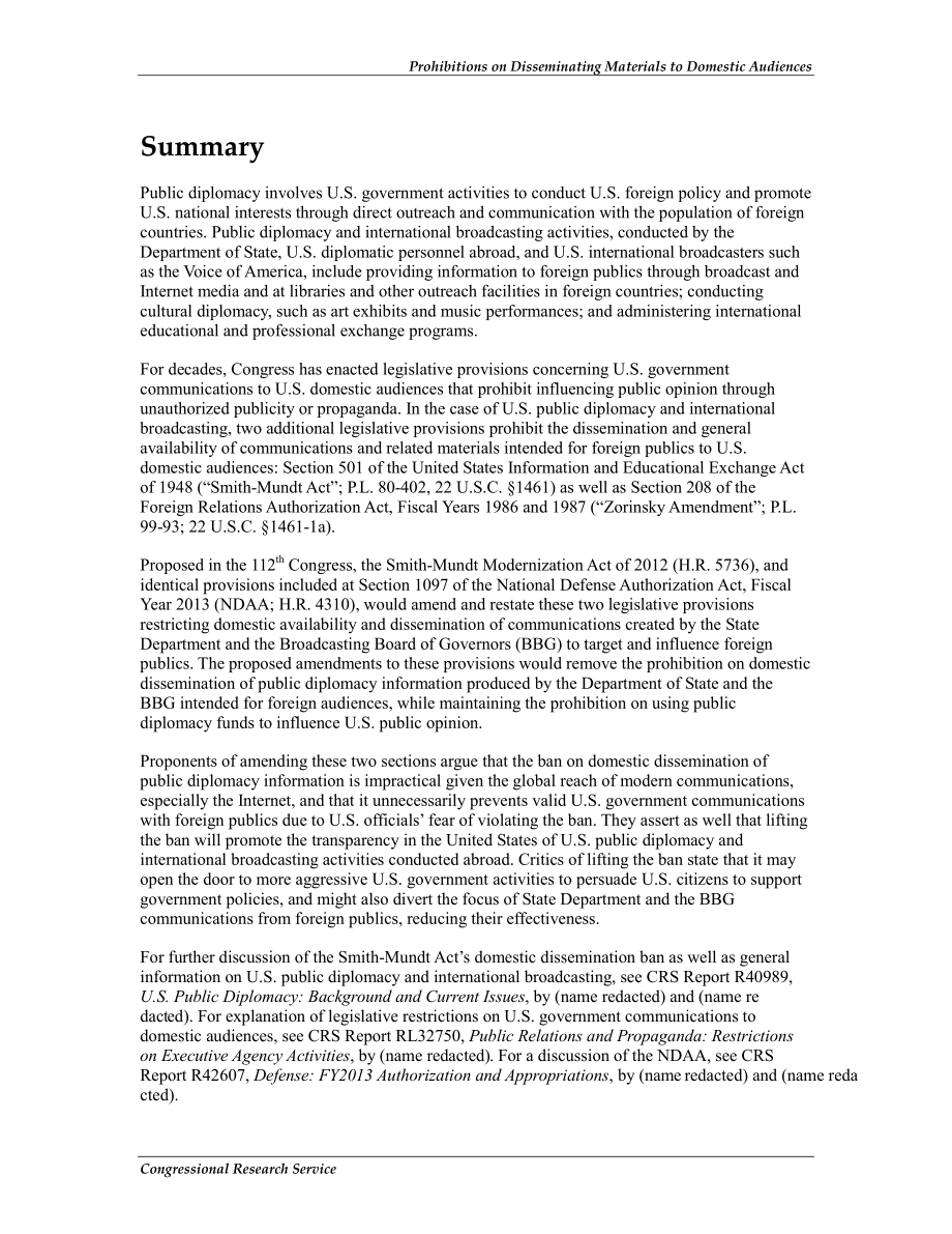 [20120921]R42754_美国公共外交：修订禁止向国内受众传播材料的立法提案.pdf_第2页
