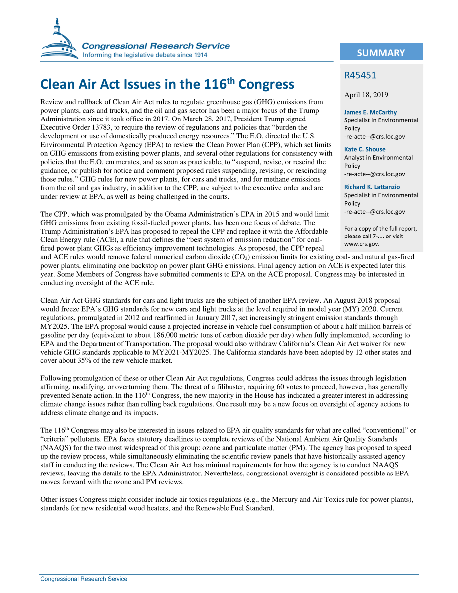 [20190418]R45451_第116届国会讨论《清洁空气法》问题.pdf_第2页