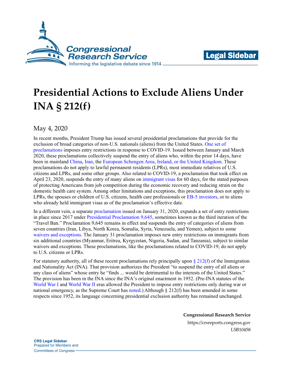 [20200504]LSB10458_根据INA§212（f）规定总统采取行动排除外国人.pdf_第1页