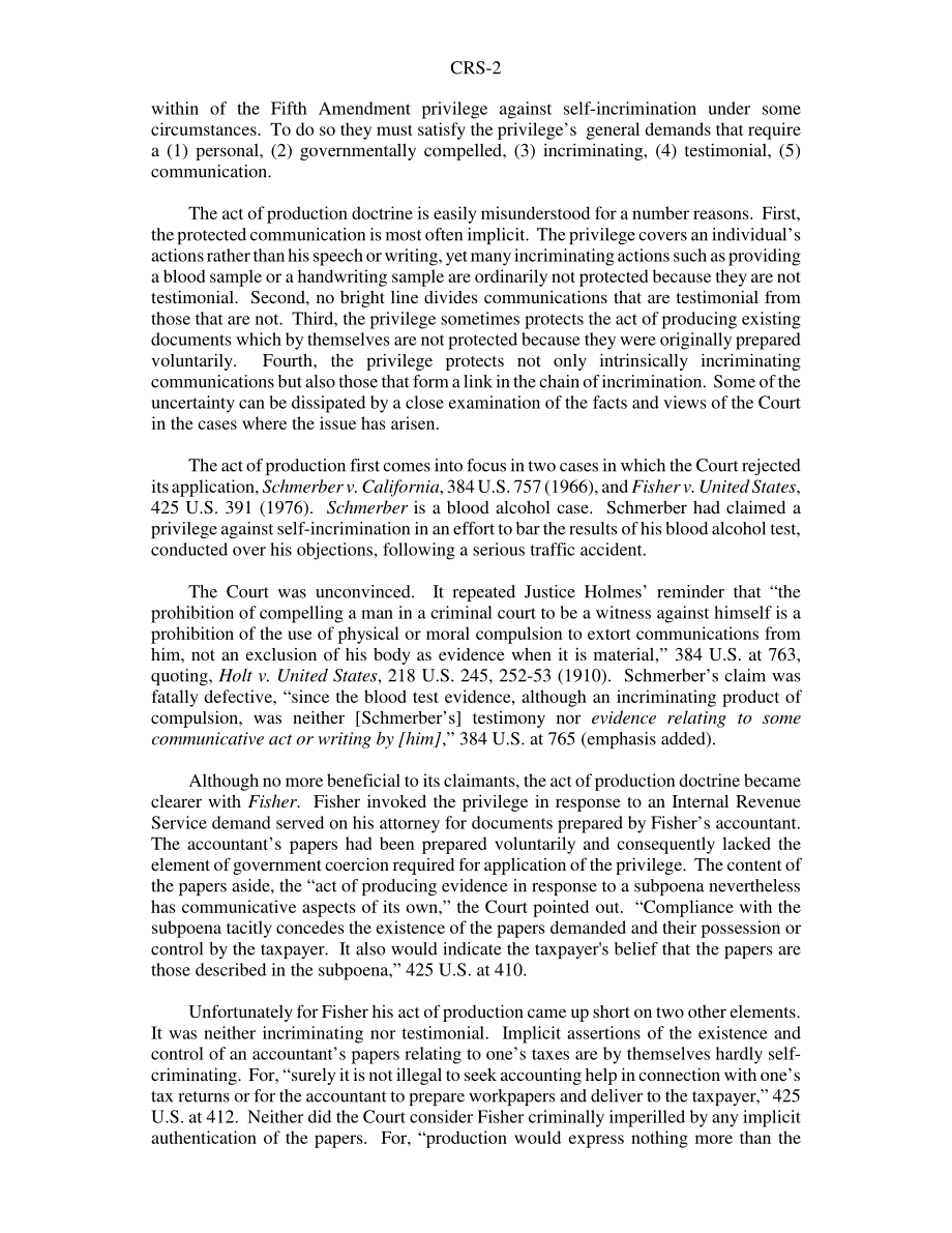 [20040106]RS21701_最高法院承认第五修正案对生产行为的保护概述.pdf_第2页