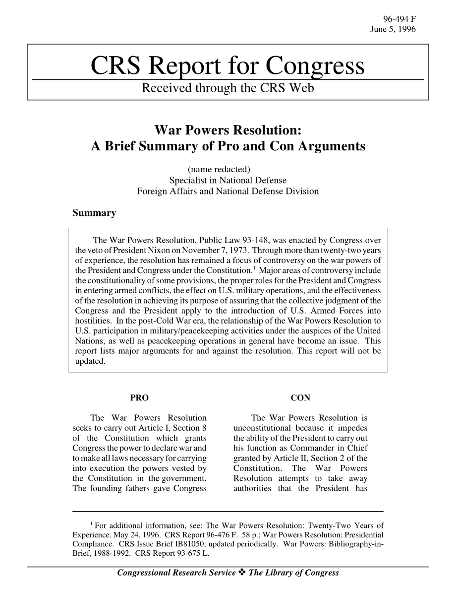 [19960605]96-494_战争权力决议：赞成和反对论点的简要总结.pdf_第1页