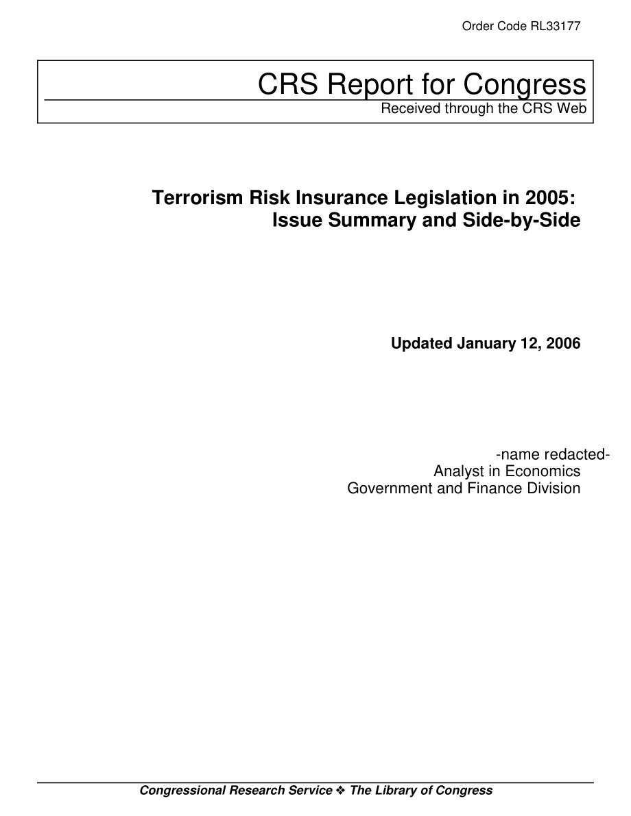[20060112]RL33177_2005年恐怖主义风险保险立法：问题摘要和并排.pdf_第1页