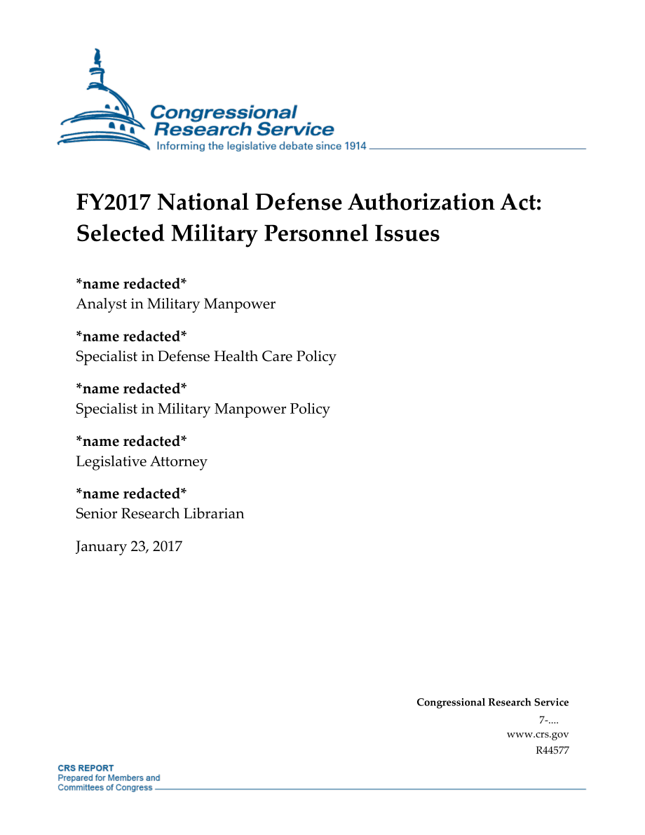 [20170123]R44577_2017财年国防授权法案：选定的军事人员问题.pdf_第1页