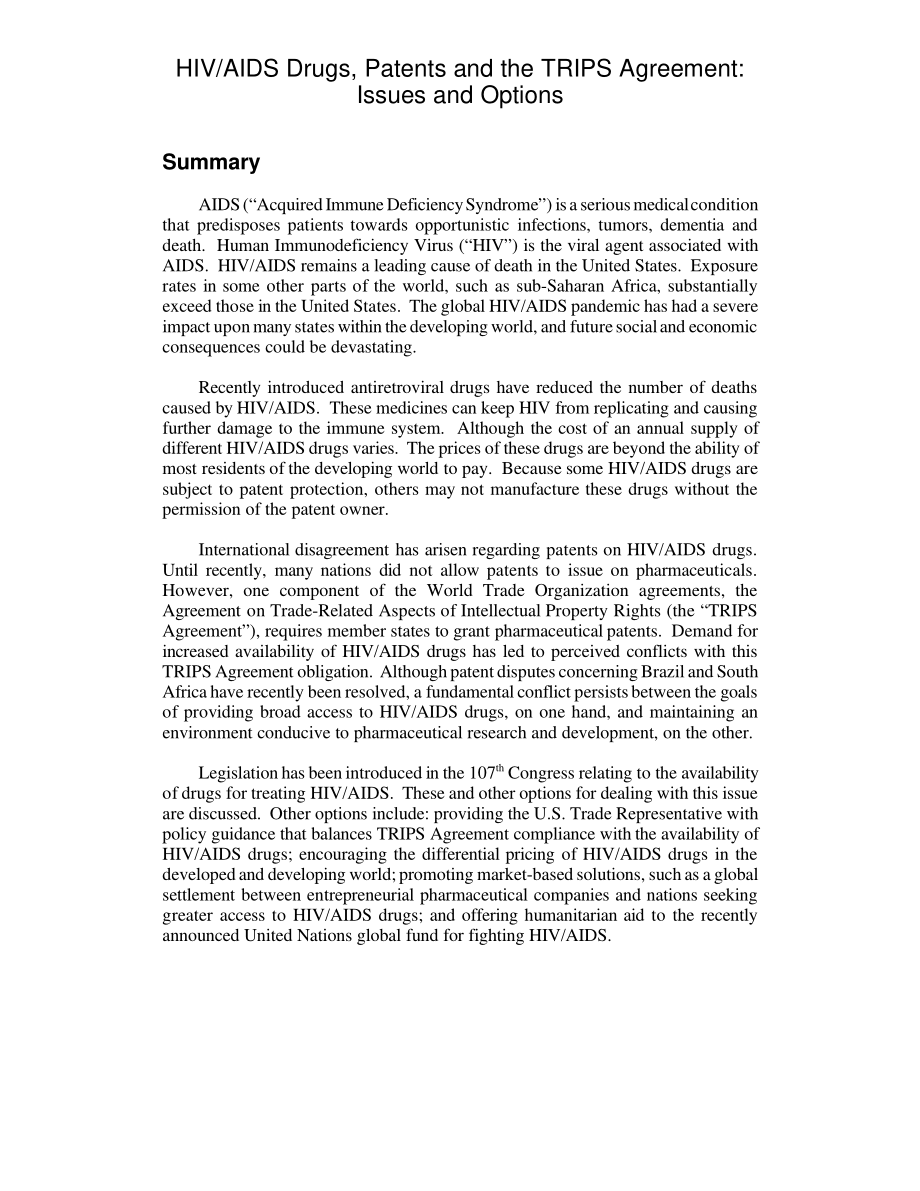 [20010727]RL31066_艾滋病毒艾滋病药物、专利和TRIPS协议：问题和选择.pdf_第2页