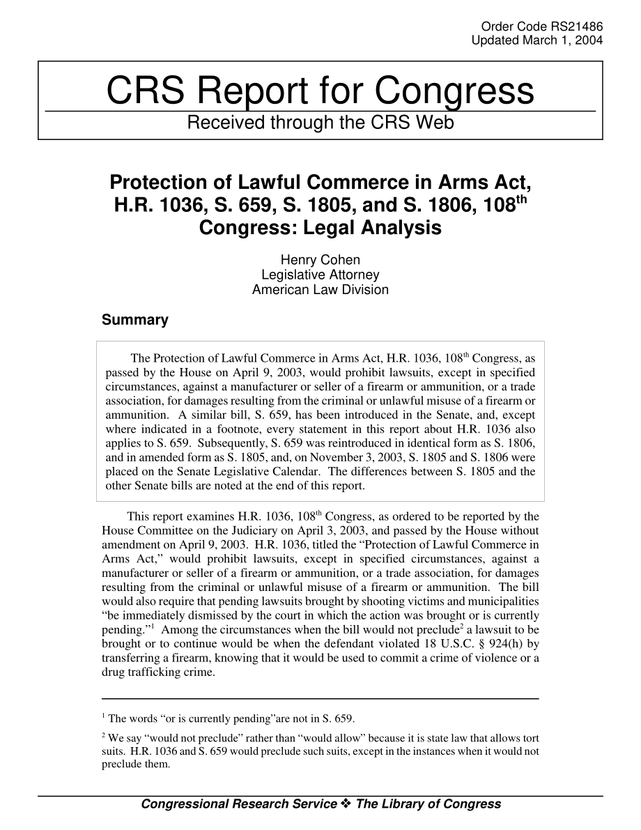 [20040301]RS21486_《保护合法军火贸易法》H.R.1036和S.659第108届国会：法律分析.pdf_第1页