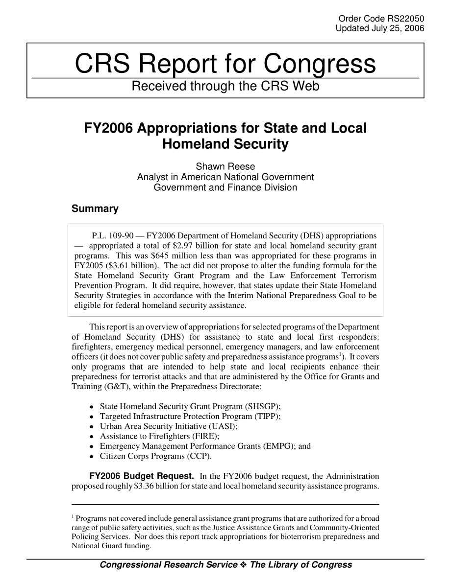 [20060725]RS22050_2006财年国家和地方国土安全拨款.pdf_第1页