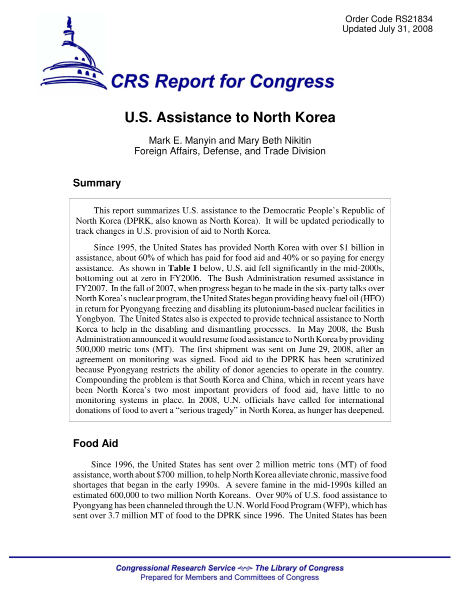 [20080731]RS21834_美国对朝鲜的援助.pdf_第1页
