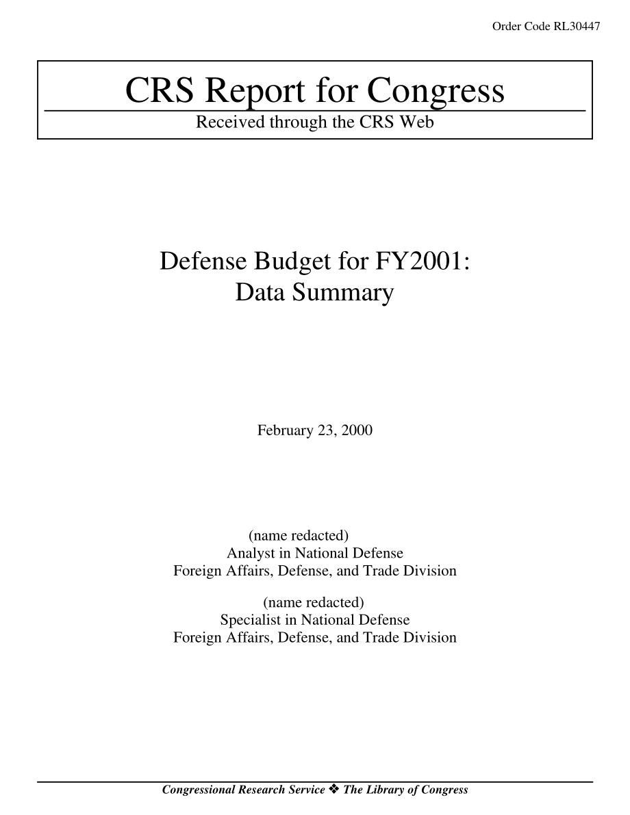 [20000223]RL30447_2001财年国防预算：数据摘要.pdf_第1页