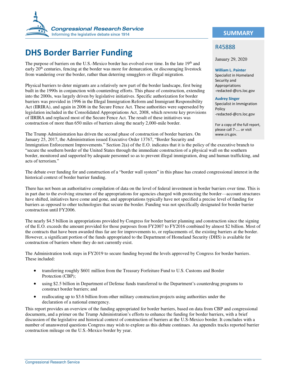 [20200129]R45888_国土安全部边境障碍资金.pdf_第2页