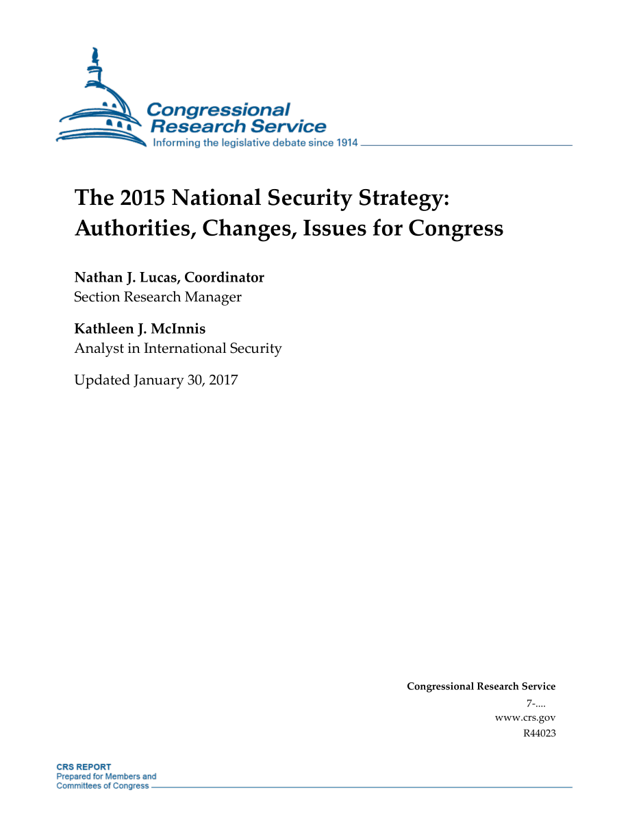 [20170130]R44023_2015年国家安全战略：授权、变更、国会议题.pdf_第1页