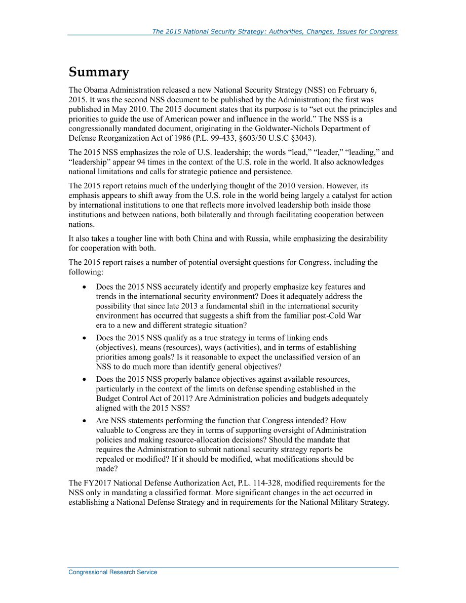 [20170130]R44023_2015年国家安全战略：授权、变更、国会议题.pdf_第2页