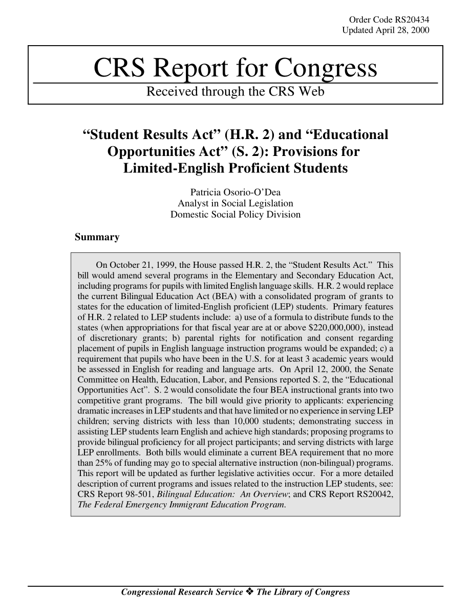 [20000428]RS20434_“学生成绩法案”（H.R.2） 和《教育机会法》（第2条）：限制英语熟练学生的规定.pdf_第1页