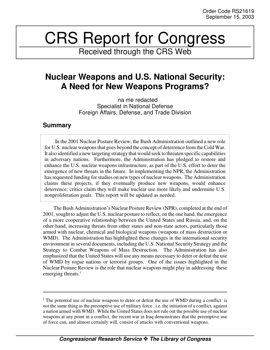 [20030915]RS21619_核武器与美国国家安全：需要新的武器计划？.pdf_第1页