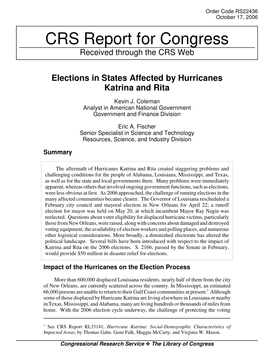 [20061017]RS22436_受卡特里娜飓风和丽塔飓风影响的州的选举.pdf_第1页