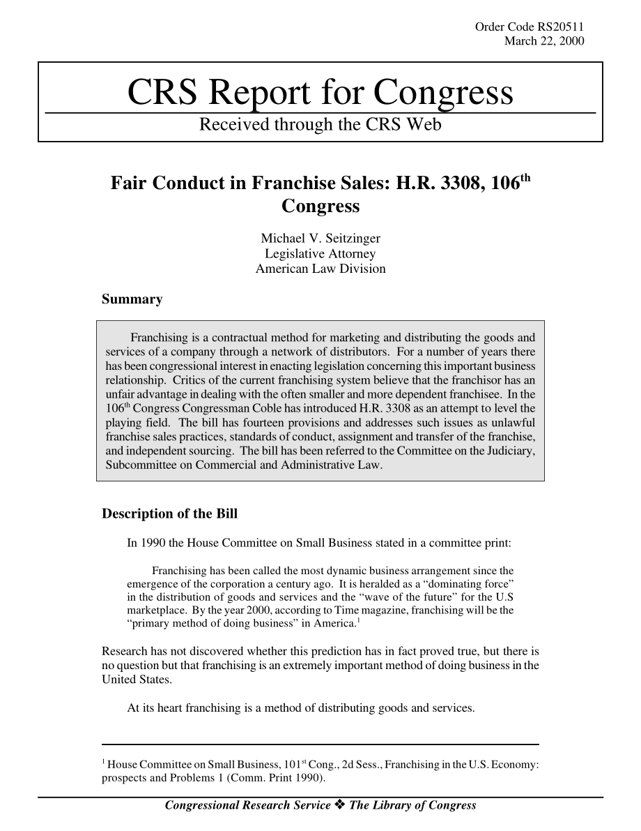 [20000322]RS20511_特许经营中的公平行为：H、 R3308第106届国会.pdf_第1页