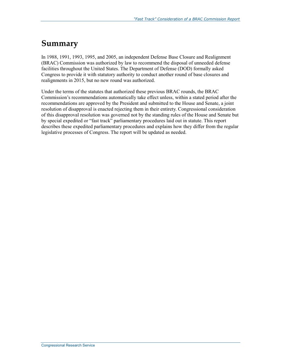 [20150805]R43102_关于国会审议国防基地关闭和调整（BRAC）委员会报告的“快车道”立法程序.pdf_第2页