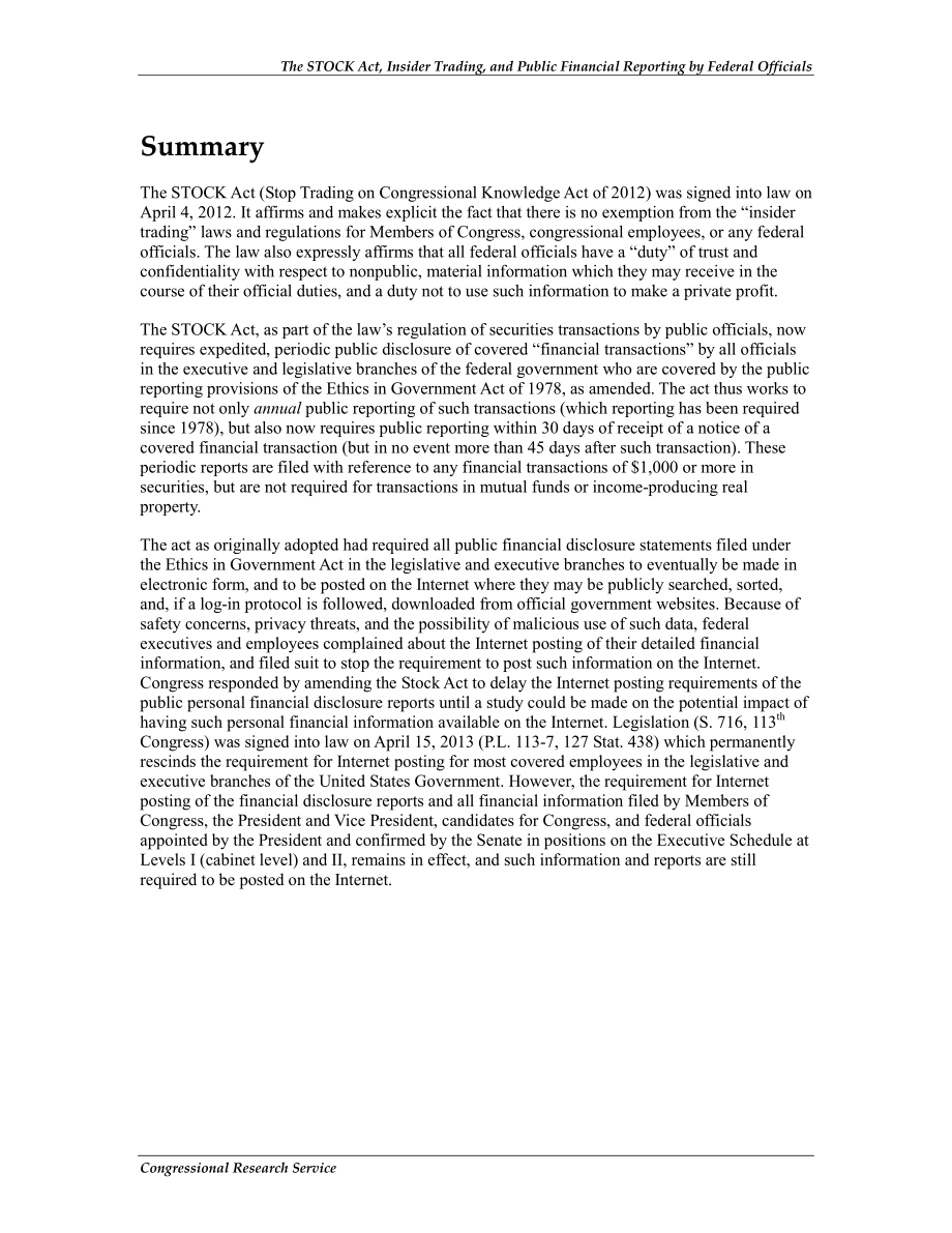 [20130418]R42495_《股票法》、内幕交易和联邦官员的公共财务报告.pdf_第2页