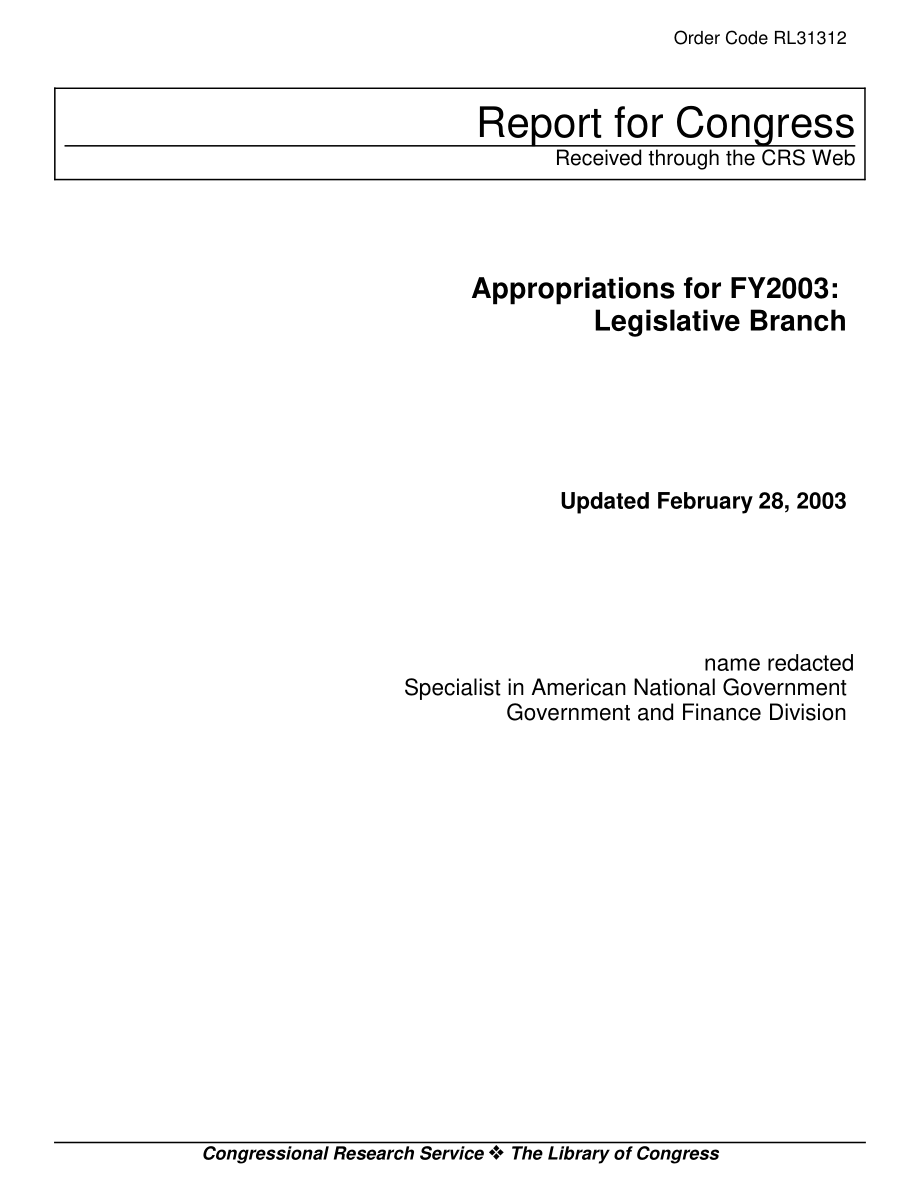 [20030228]RL31312_2003财年拨款：立法部门.pdf_第1页