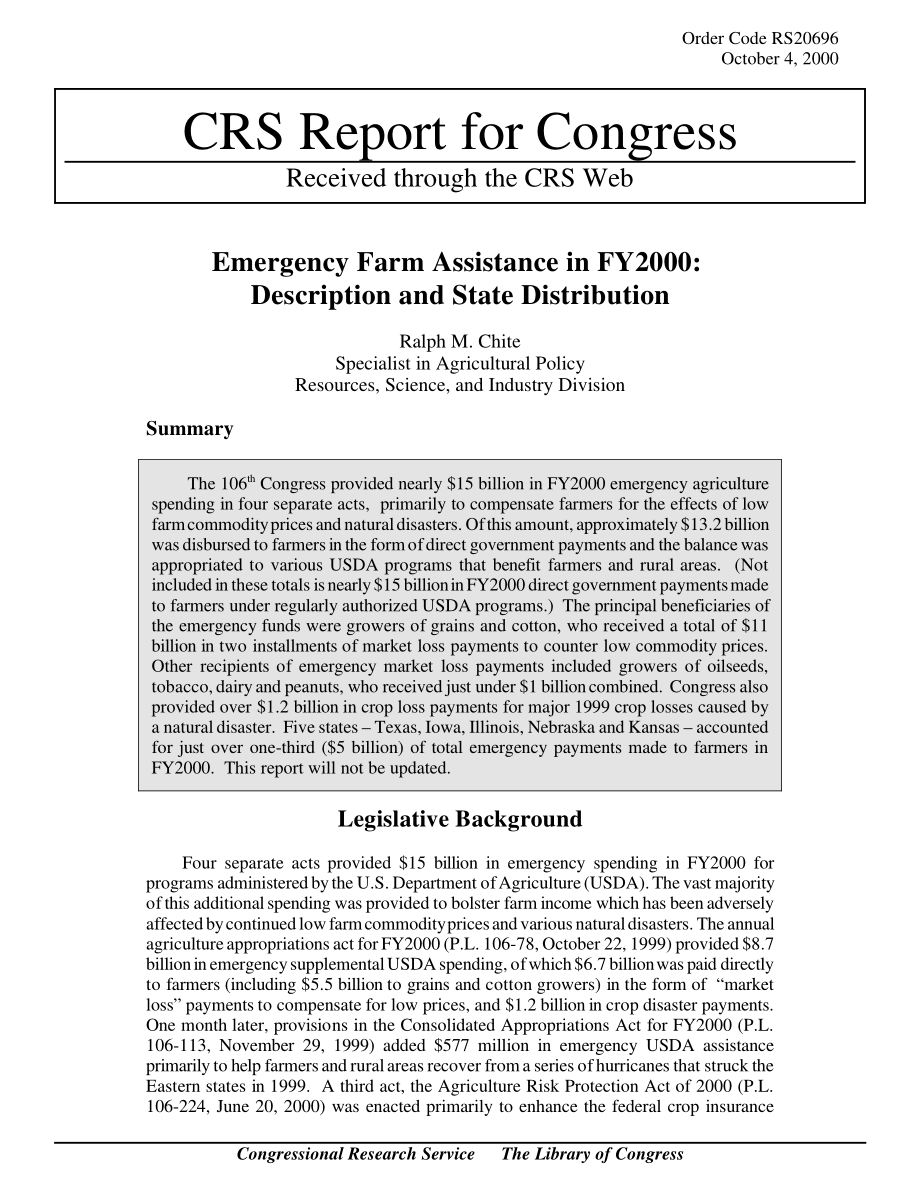[20001004]RS20696_2000财年的紧急农场援助：描述和状态分布.pdf_第1页