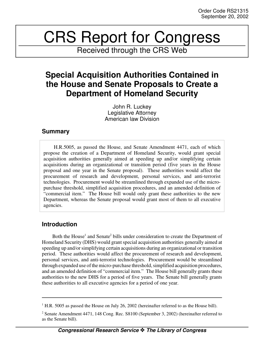 [20020920]RS21315_参众两院提议成立国土安全部.pdf_第1页