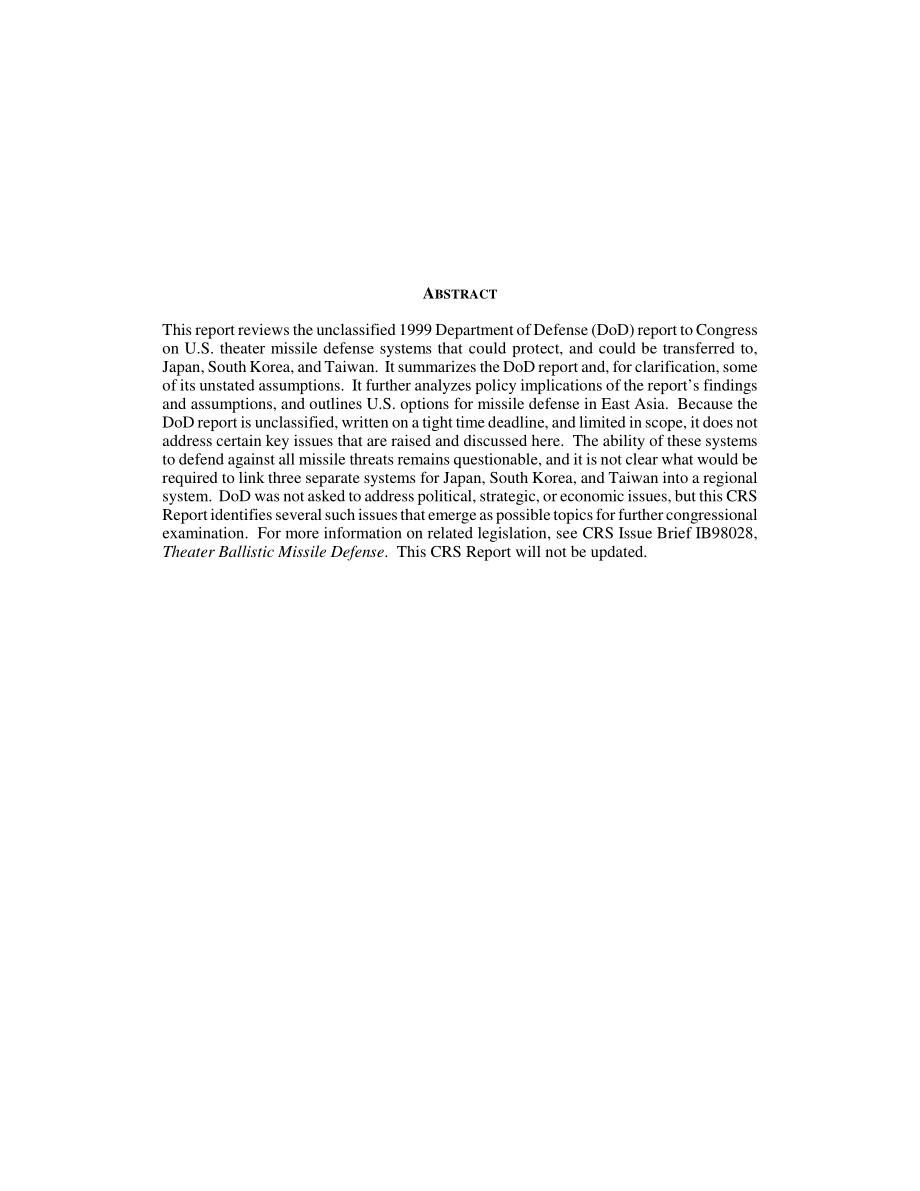 [19991130]RL30379_Missile Defense Options for Japan, South Korea, and Taiwan A Review of the Defense Department Report to Congress.pdf_第2页