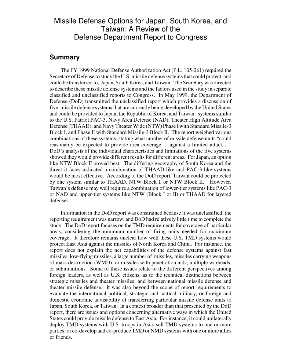 [19991130]RL30379_Missile Defense Options for Japan, South Korea, and Taiwan A Review of the Defense Department Report to Congress.pdf_第3页