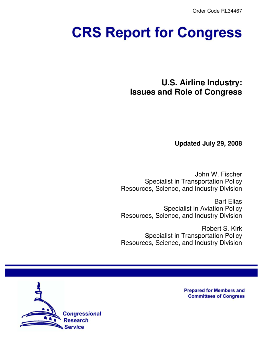 [20080729]RL34467_美国航空业：国会的问题和作用.pdf_第1页