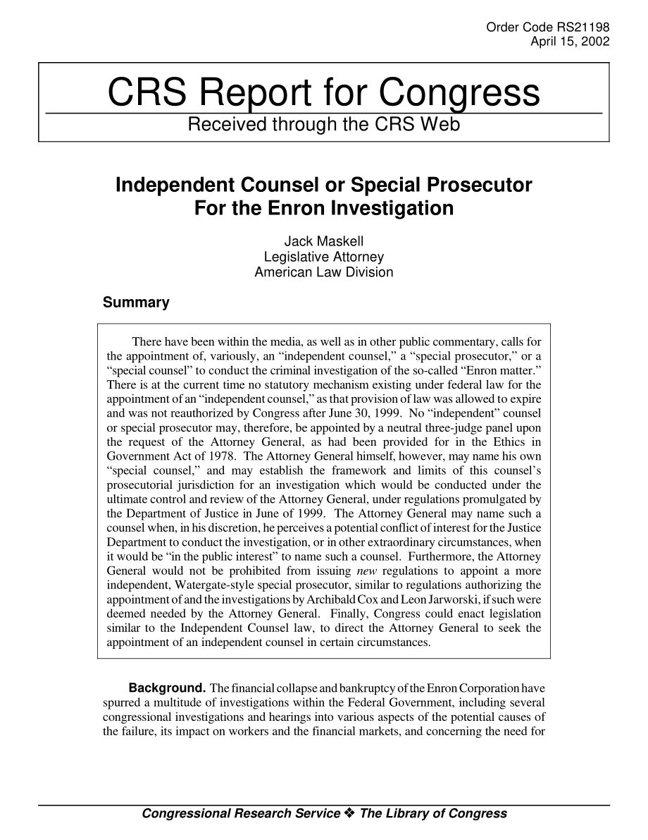 [20020415]RS21198_安然调查的独立律师或特别检察官.pdf_第1页