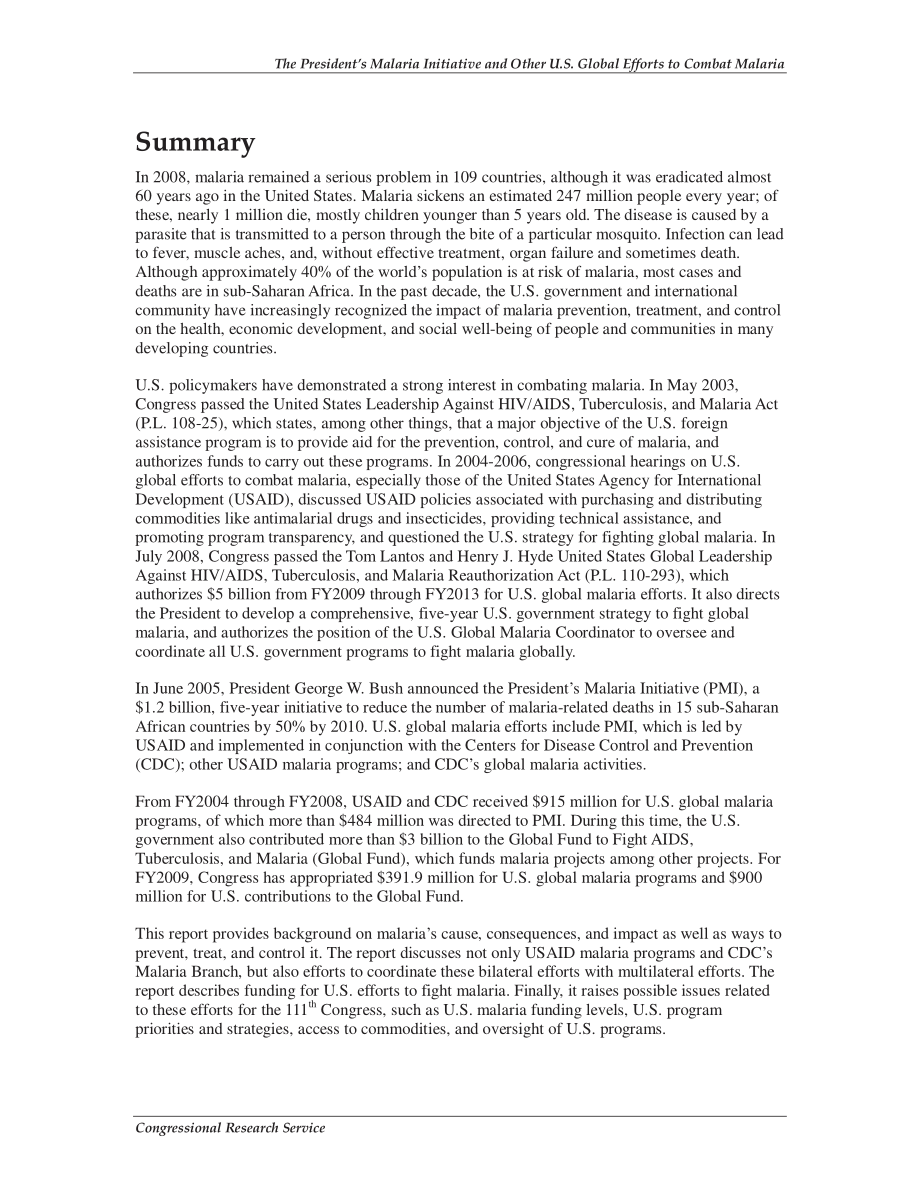 [20090406]R40494_总统疟疾倡议和其他美国全球防治疟疾的努力：背景、国会议题和资源.pdf_第2页