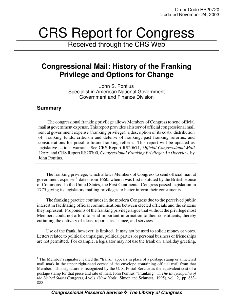 [20031124]RS20720_国会邮件：邮戳特权的历史和更改选项.pdf_第1页