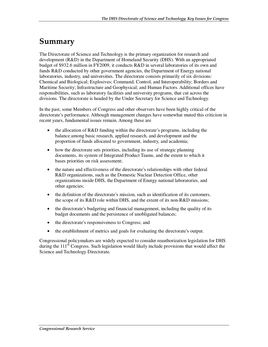 [20090622]RL34356_国土安全部科学技术理事会：国会的关键问题.pdf_第2页